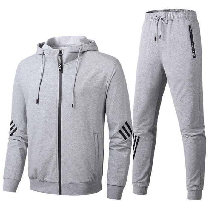 Conjunto deportivo para hombre: chaqueta, sudadera con capucha y pantalón de chándal - Algodón, cintura elástica cómoda - Gris