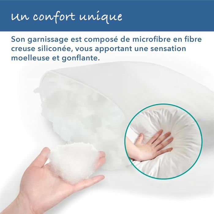 LazyBearHome Oreiller 60x60 Lot 2, Housse Percale Coton, Garnissage Fibre Creuse siliconée, Ajustable Hauteur, Marque FR Fabriqué