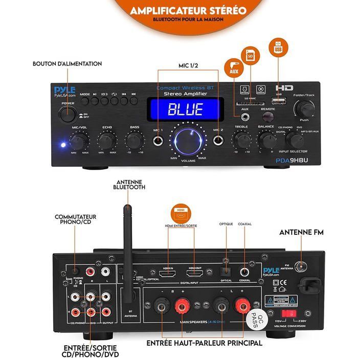 Pyle 200W Mehrkanal-Bluetooth-Verstärker – HDMI, USB/SD, FM, Mikrofon, Fernbedienung