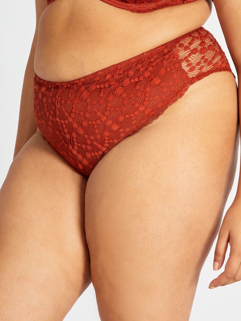 Calcinha fio dental de renda estampada - LARANJA