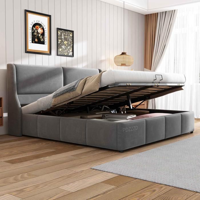 Letto matrimoniale 180 x 200 cm, testiera con cuscino, rete a doghe, letto idraulico funzionale, tessuto in flanella, grigio