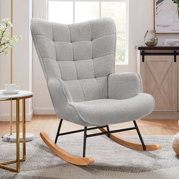 Fauteuil à Bascule - LUMINARIX - Gris - Scandinave - Pieds en Métal et Bois Massif - 1 Place
