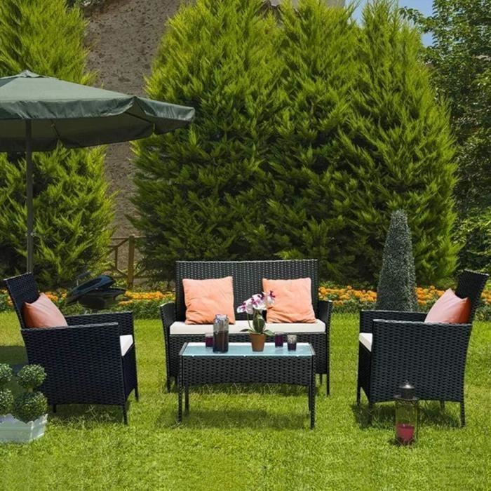 [NASPALURO] Garden Furniture Set - 4 Pieces of Black Rattan Garden Furniture