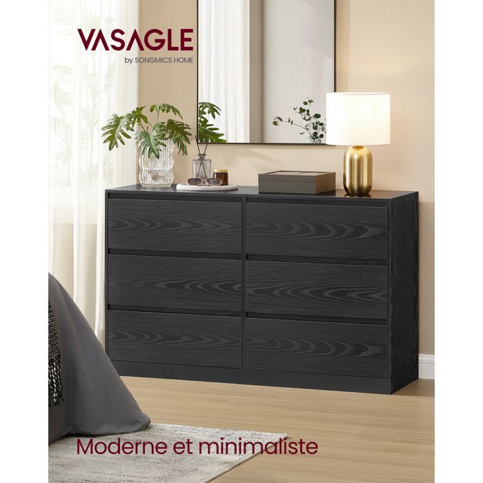 Cassettiera da camera da letto a 6 cassetti - VASAGLE - Moderna - Finitura in legno nero - Sistema antiribaltamento