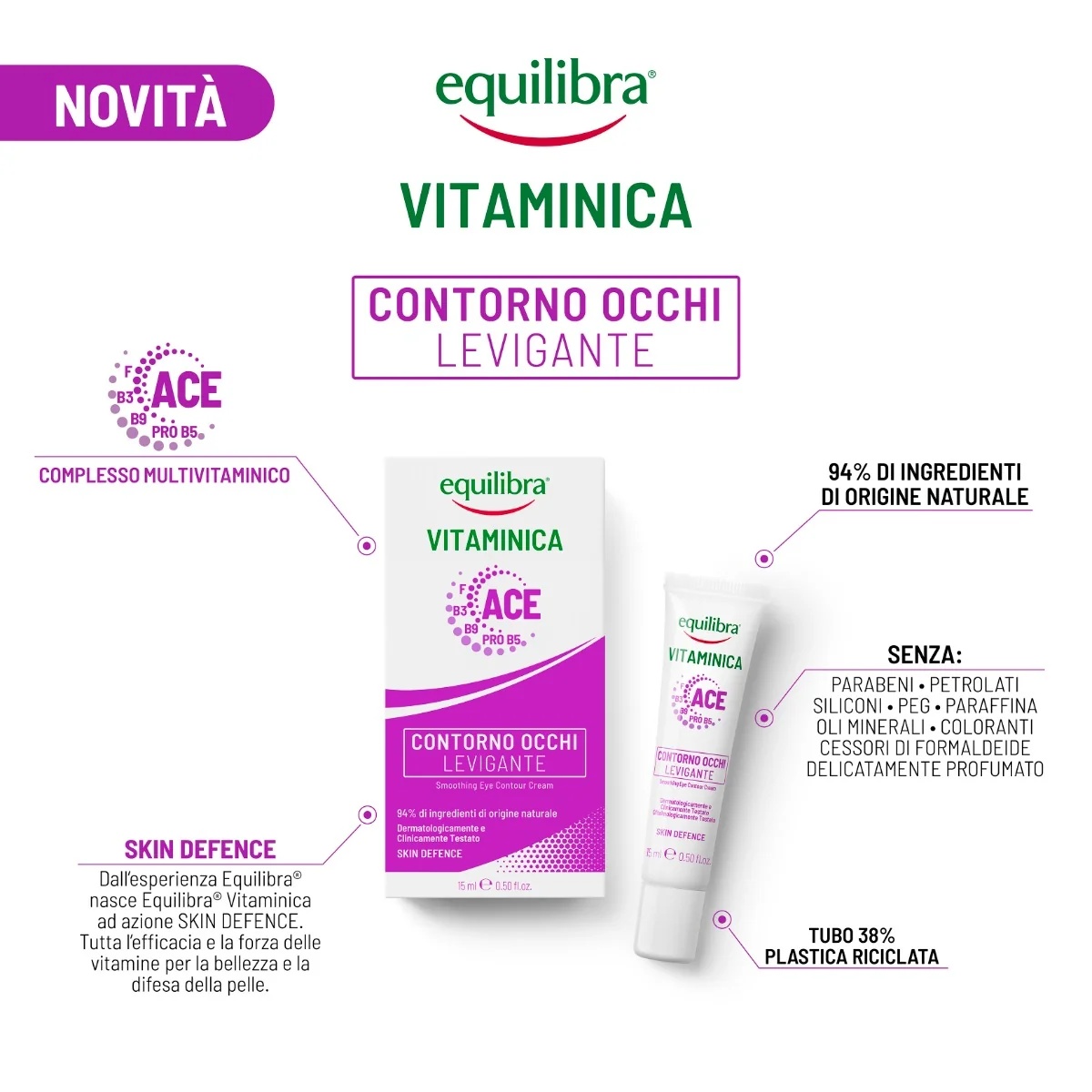 Equilibra Equilibra vitaminecrème voor gezicht en oogcontour 15 ml, gladmakend