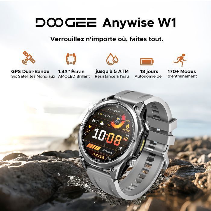 Smartwatch DOOGEE Anywise W1 – Resistente à água até 5 ATM, GPS de dupla frequência, mais de 170 modos esportivos, tela AMOLED de 1,43