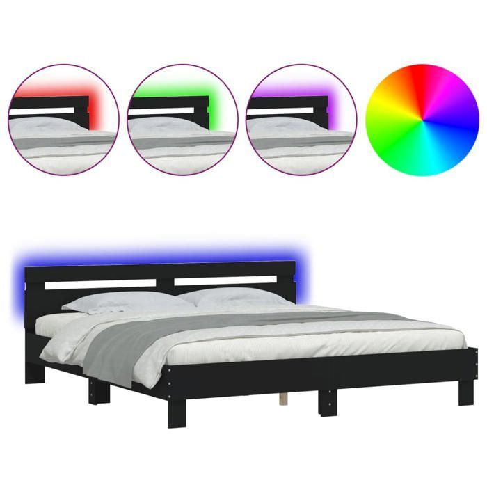 Estrutura de cama vidaXL com cabeceira e iluminação LED, cama de casal com estrado de ripas, cama para quarto de adulto, madeira preta 160x200 cm 3207533