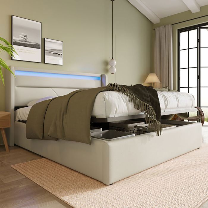 Cama con almacenamiento, cama LED, cama de 140x190 cm con somier de láminas, cama individual con tapicería sintética blanca y colchón.