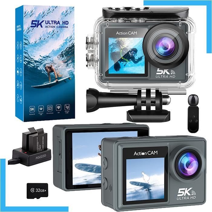 Camera Sport 5K 30FPS avec Microphone Sans Fil, Double Ecran, 50MP, EIS, 2 Batteries, Caméra Etanche 40M,Avec Accessoires