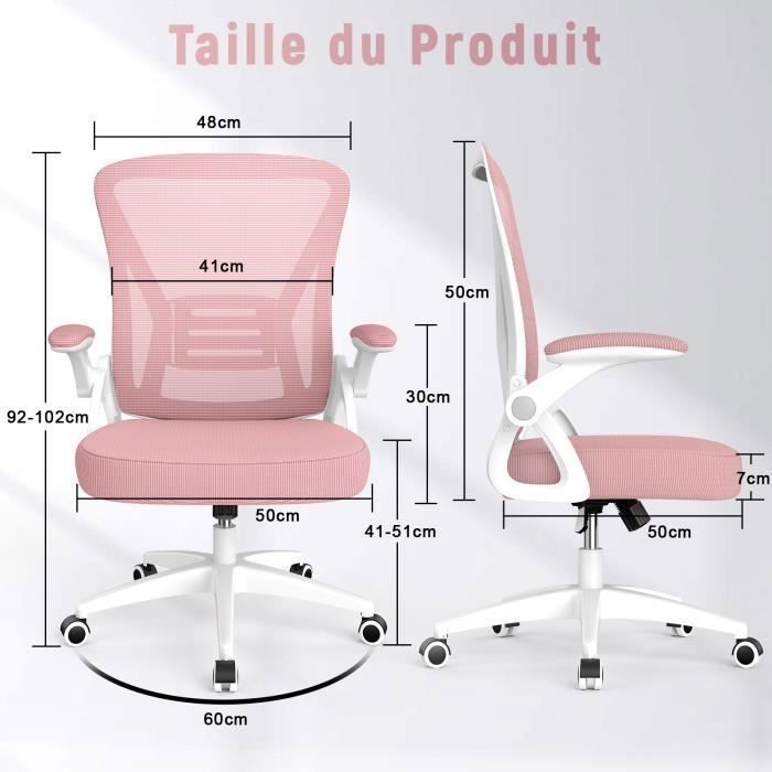 Chaise de Bureau - Rattantree Ergonomique Siège - Fauteuil avec accoudoir rabattable à 90° - Support lombaire - Réglable en hauteur