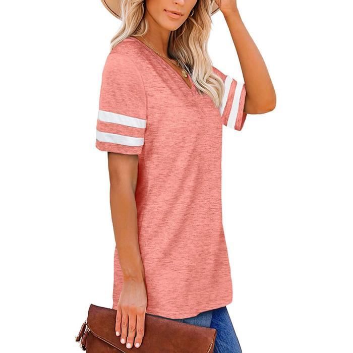 Camiseta de mujer - FONDUPIN - Rayas, manga corta, cuello en V, rosa