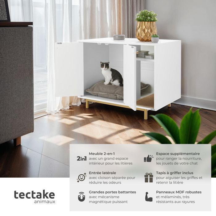Armario para gatos - TECTAKE - KALEA, unidad de almacenamiento con forma de casa, entrada lateral y rascador incluido - 80 x 52 x 61,5 cm
