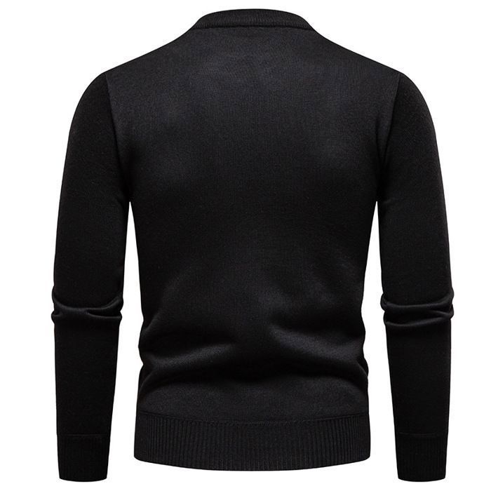 Men's Warm Knitted Fleece-Lined Crew Neck Casual Pullover Jacquard Regular Fit Solid Color for Autumn Winter - Black