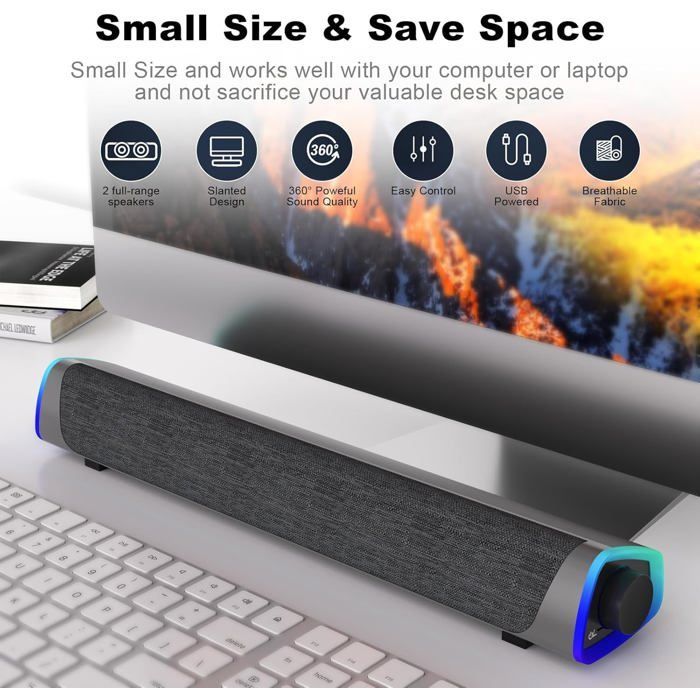 Altavoz para PC, altavoz autoamplificado para ordenador, entrada AUX de 3,5 mm, Bluetooth 5.0, luces LED, barra de sonido para PC, portátil y smartphone.