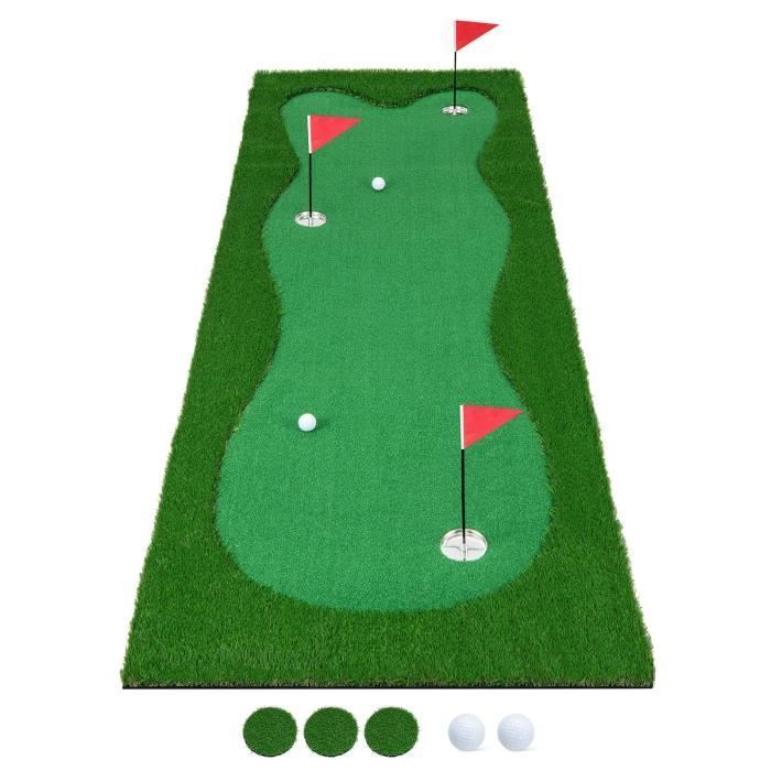 Tapete de práctica de golf portátil COSTWAY de 300 x 100 cm - Césped artificial de 35 mm - 3 hoyos, 3 banderas, copas - Base antideslizante