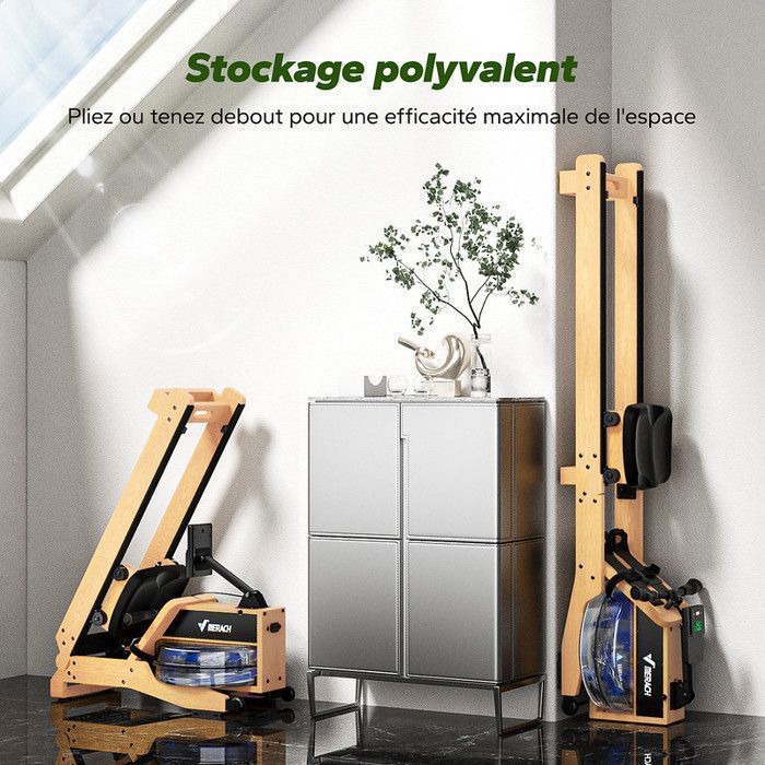 Rameur à eau pliable - MERACH - 15 L - 6 repères de remplissage - Connectivité APP - Ecran LCD - Max 150kg - Bois d'hévéa clair