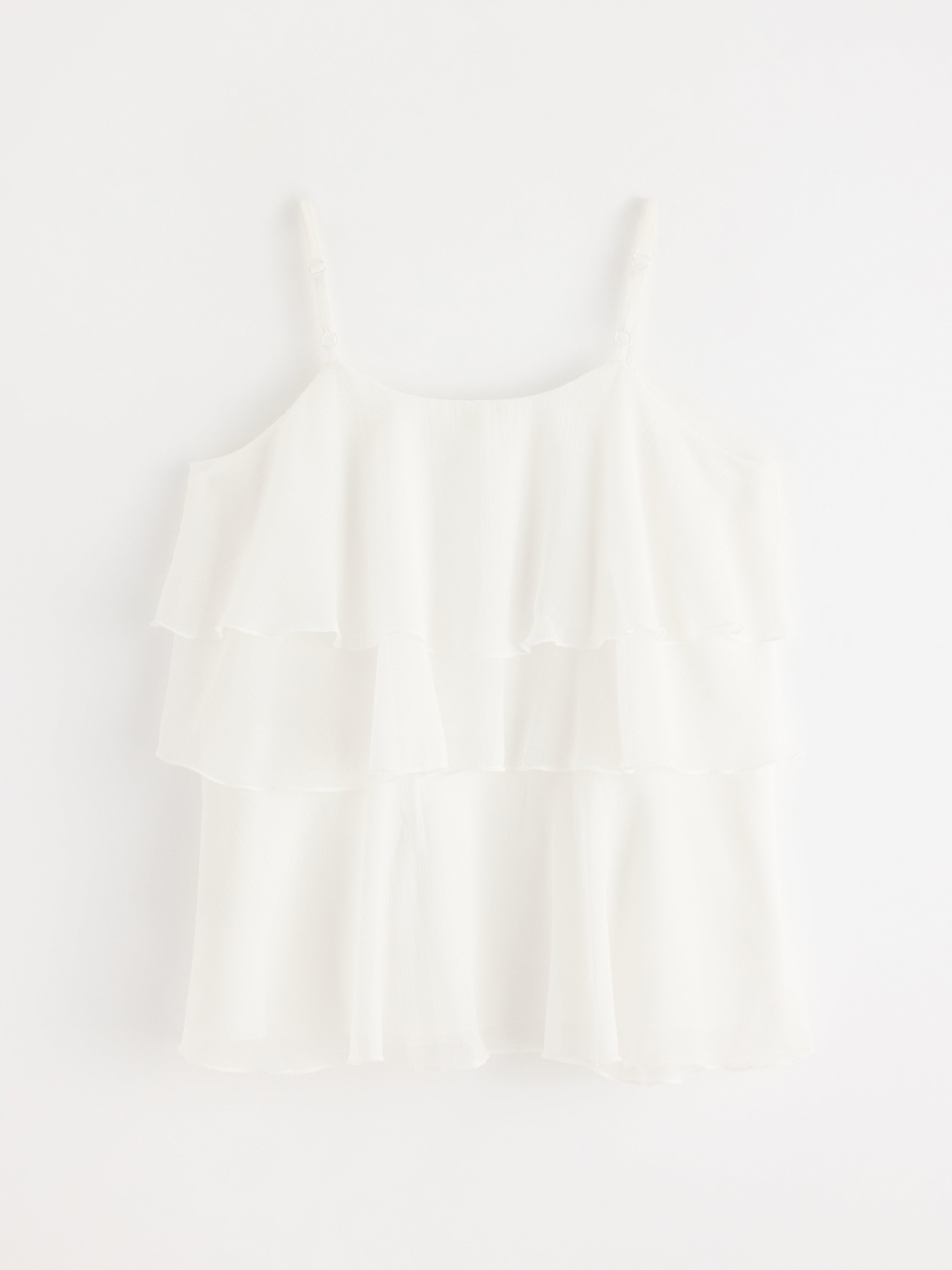 Blusa de tecido plano com babados, cor off-white.