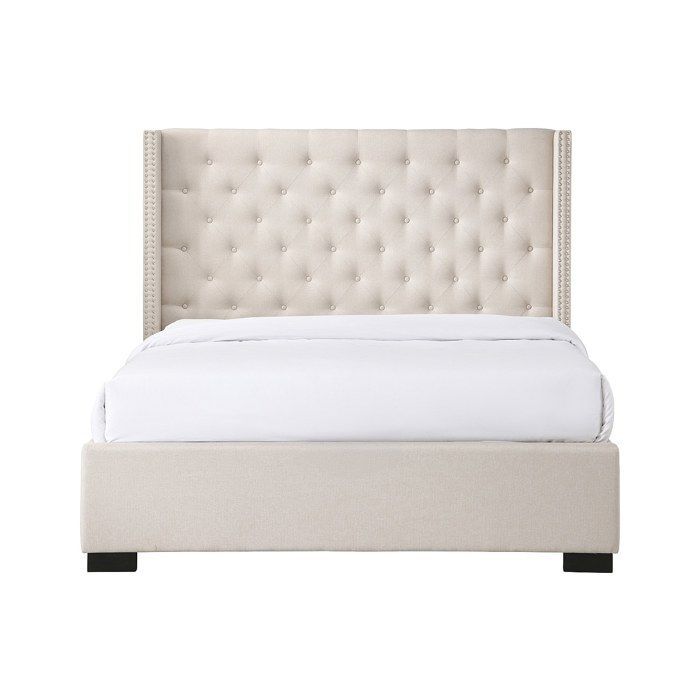 Lit 200 x 200 cm avec tête de lit capitonnée - Tissu - Beige - MASSIMO
