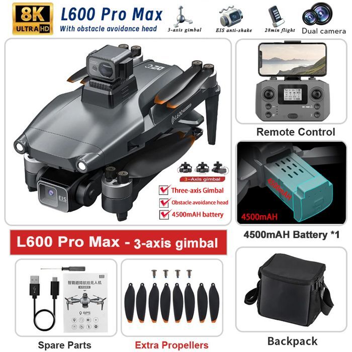 Ny L600-PRO-MAX-OAS 5 km 4K professionel HD GPS-drone med dobbelt kamera, 3-akset gimbal og 360° gimbal - børsteløs quadcopter-legetøj