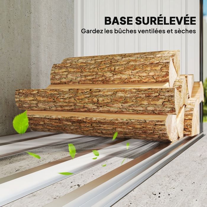 Leñera cubierta Outsunny - suelo elevado y techo inclinado - montaje rápido en acero galvanizado, 213 x 66,5 x 150 cm, gris oscuro