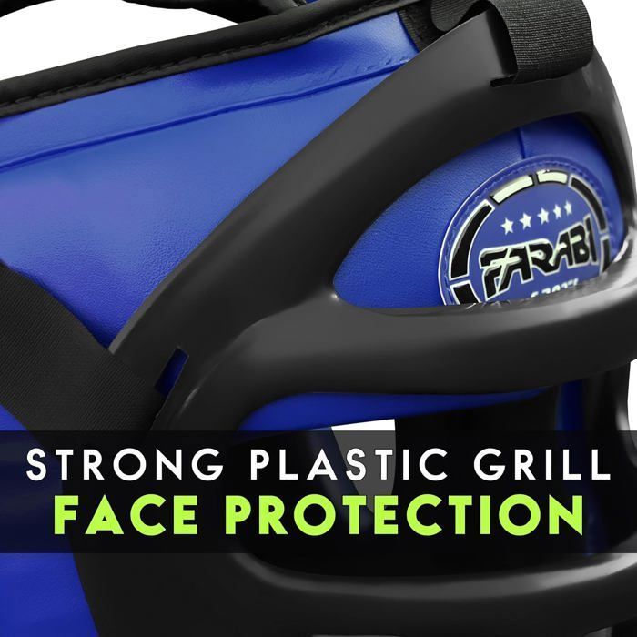Casque de Boxe - Farabi Sports - Grille Amovible - Muay Thai - Sparring Arts Martiaux Kickboxing - Bleu