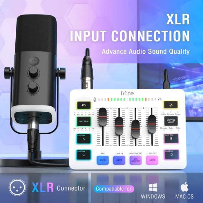 FIFINE Gaming Audio Mixer Streaming RGB PC Mixer pour Podcast Enregistrement