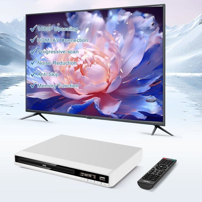 Lecteur DVD Blanc, Lecteur DVD HD Multi-Régions pour TV, Lecteur DVDs et CD pour Système Stéréo Domestique avec Entrée USB