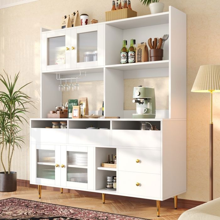 Buffet haute de cuisine 145 x 39 x 171cm avec tiroirs, portes, porte-verres à vin et étagères Pour salle à manger et cuisine Blanc
