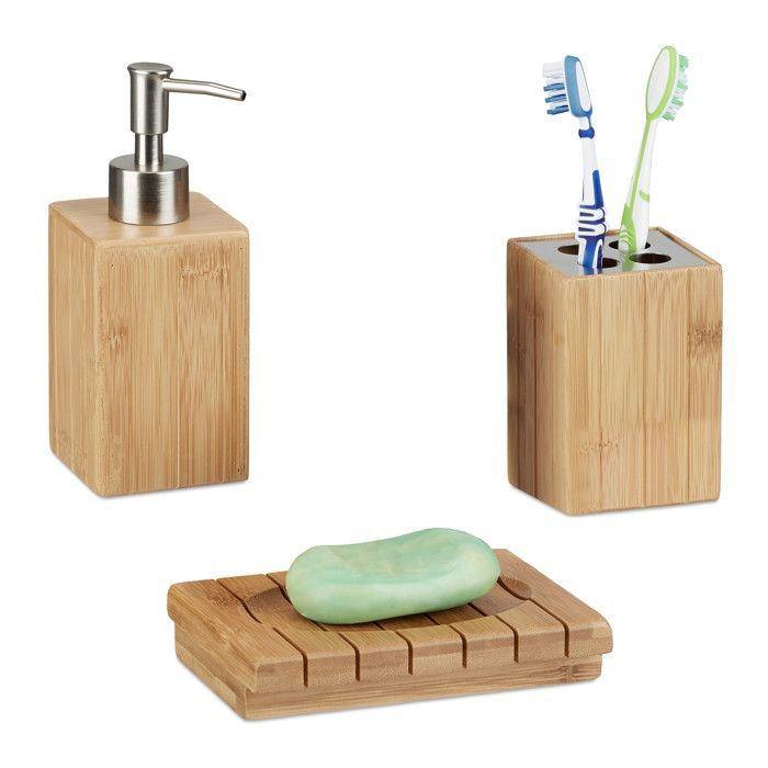 Relaxdays Bamboo Bathroom Accessories Set, 3 Pieces: Soap Dispenser, Tumbler, Toothbrush Holder, Soap Dish, Natural