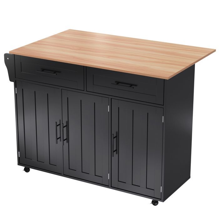 Desserte à Roulettes Cuisine rangement en bois multifonctionnelle avec plan de travail -avec tiroir-L129 x P46(71) x H91.5 cm-Noir