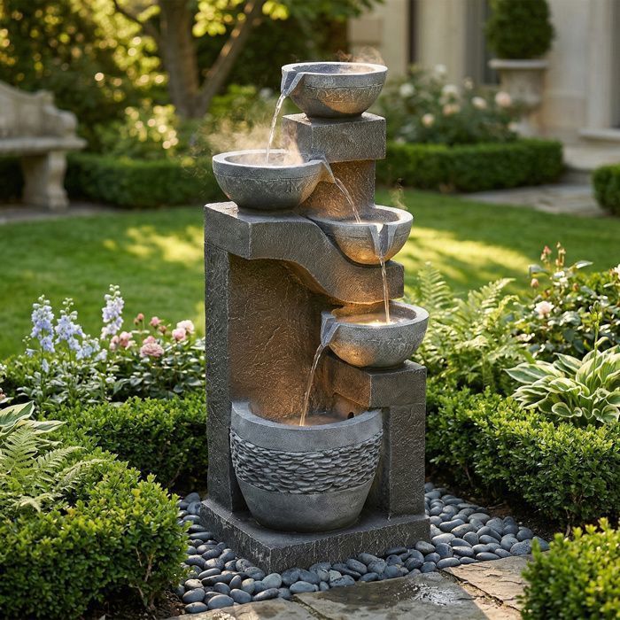 Grey LED Garden Fountain – Outdoor Kunststein Fountain + Pump + LED Light, Decorative Basin, Terrace/Balcony