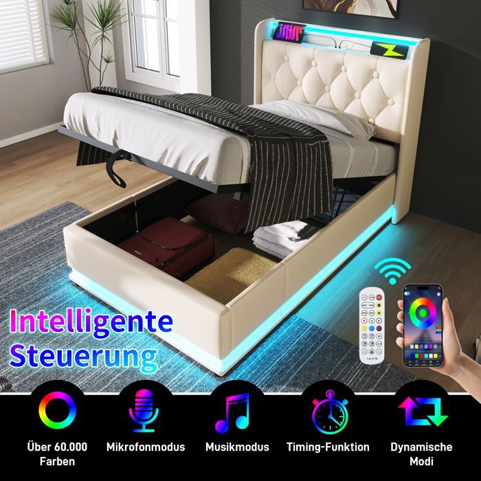 LINKHOO lit, fonction LED surround 360, 90*200 cm, tête de lit rembourrée avec fonction de charge USB Type-C (sans matelas)
