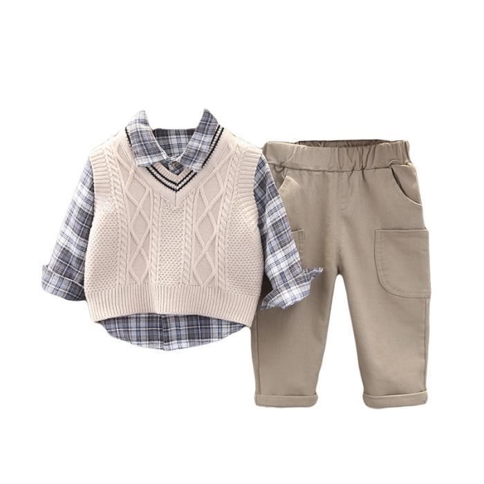 Conjuntos de ropa de algodón para primavera y otoño para niños y niñas, 3 piezas (camisa y pantalón), color beige.