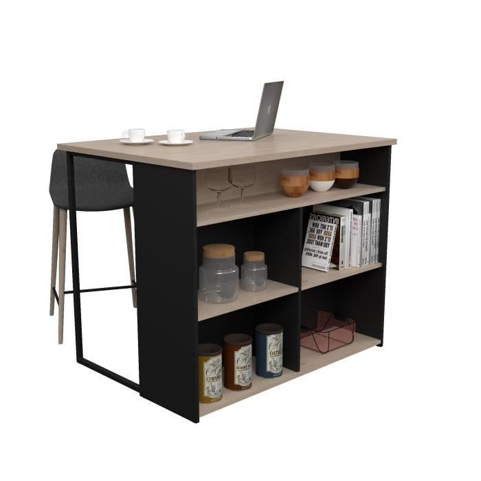 Îlot central BRUNCH - Décor chêne et noir - 5 espaces de rangement - Modulable - L 109,4 x P 79,7 x H 89,8 cm