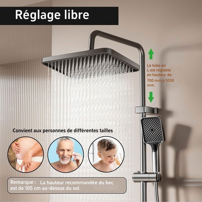 Thermostatic Shower Column for Bathroom, 4-Jet Shower Head, Height-Adjustable Rain Shower, LED Display