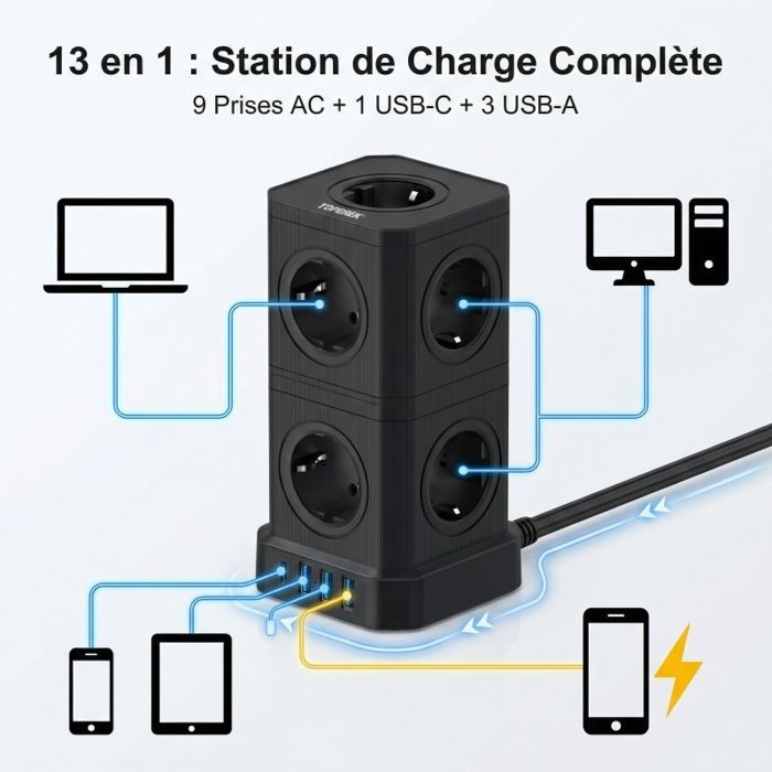 Multipresa Tower con protezione da sovratensione – 13 in 1, cavo da 2 m, protezione da sovraccarico, interruttore - Multipresa nera/viola