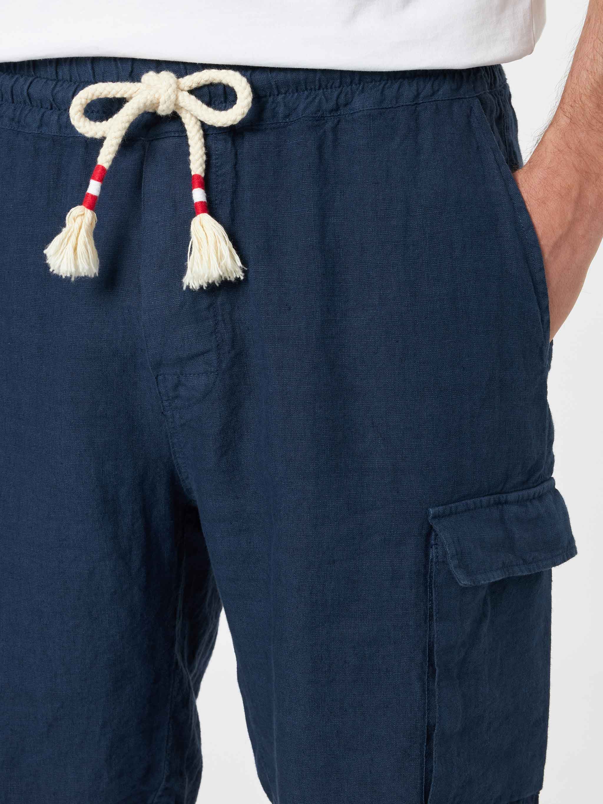 Herenbermudashorts van linnen in marineblauw, elastische tailleband, trekkoord, utility-zak, achterzakken met knoopsluiting, merklabel | MC2 Saint Barth