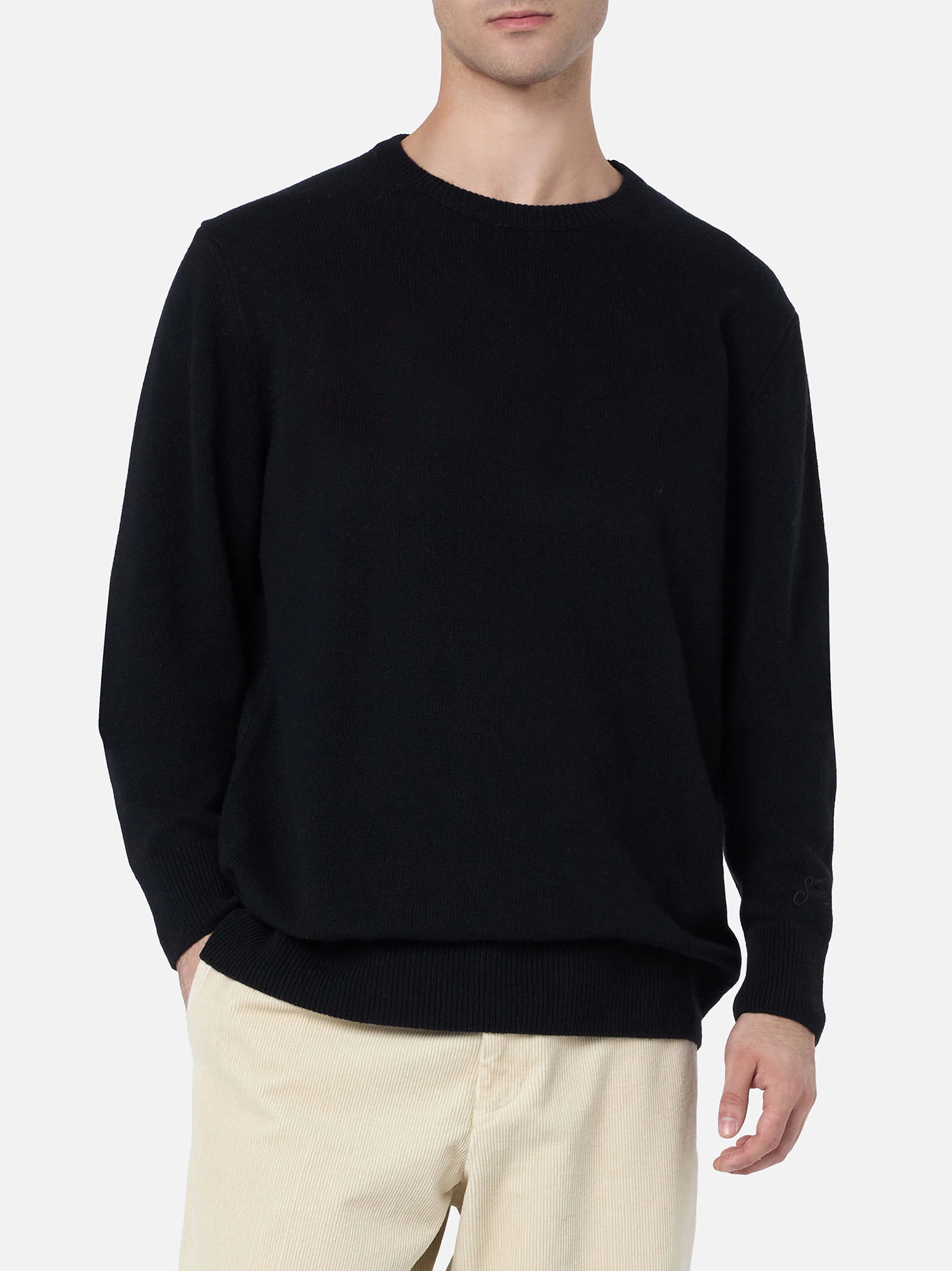 Jersey de cuello redondo Regent en cachemir negro puro.