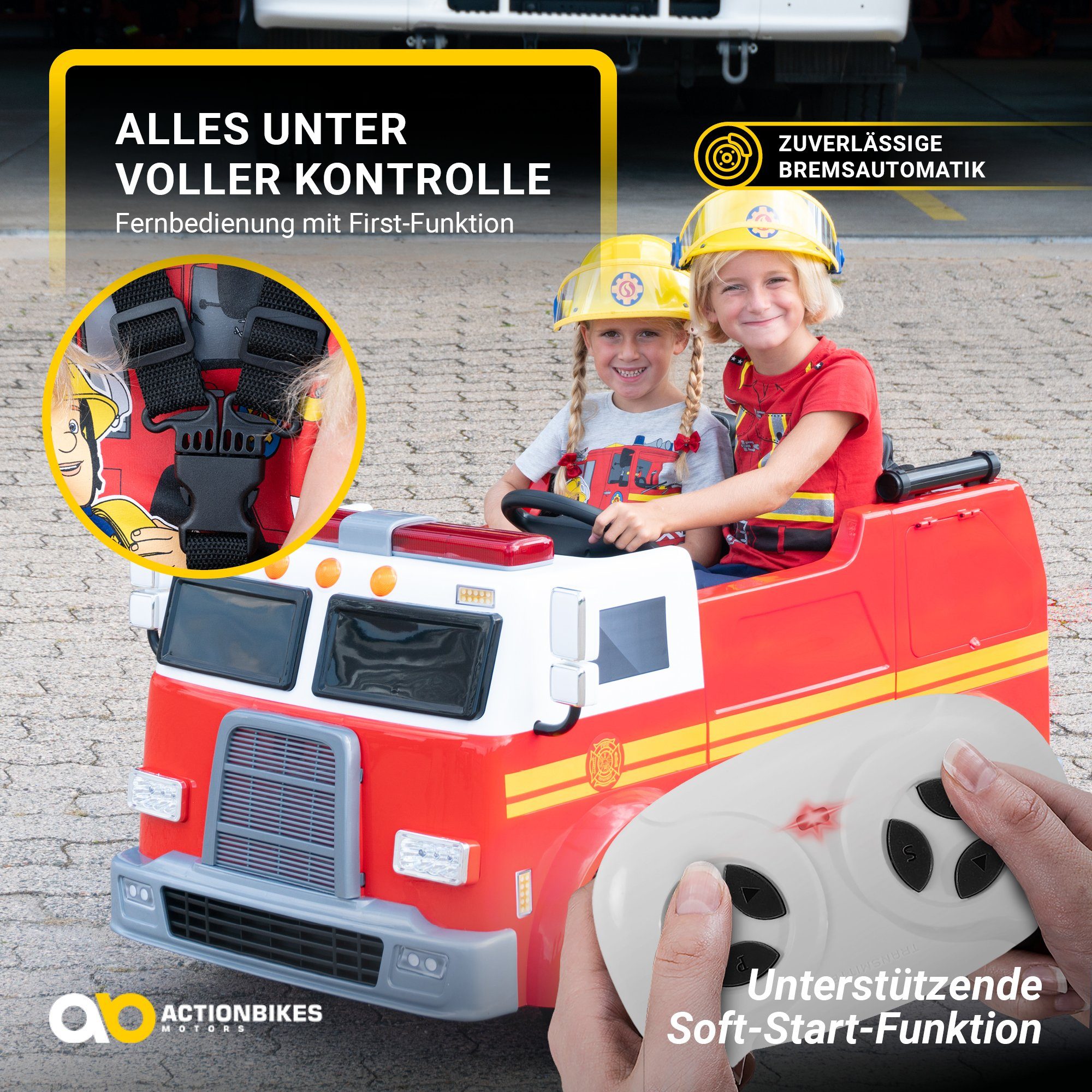 Actionbikes Motors Elektrisches Kinderauto Feuerwehrauto LL911 elektrisch – ferngesteuert – mit Spritze und Sirene, Tragkraft 40 kg, (2-teilig), Kinderfahrzeug Spielzeug Zweisitzer ab 3 Jahren