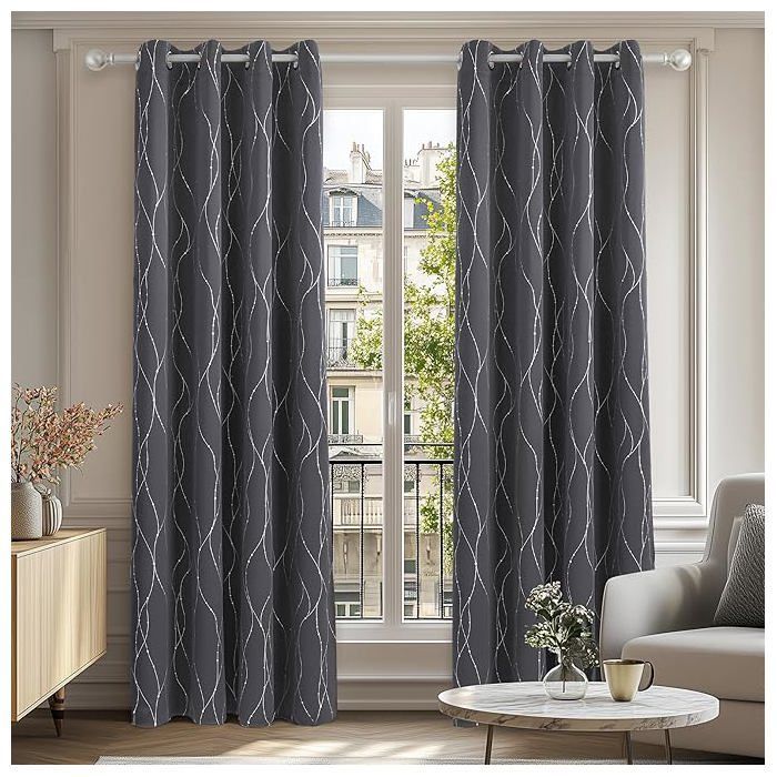 Set di 2 tende oscuranti termiche Deconovo, motivo a pois argento, occhielli, 140x180 cm, grigio scuro.