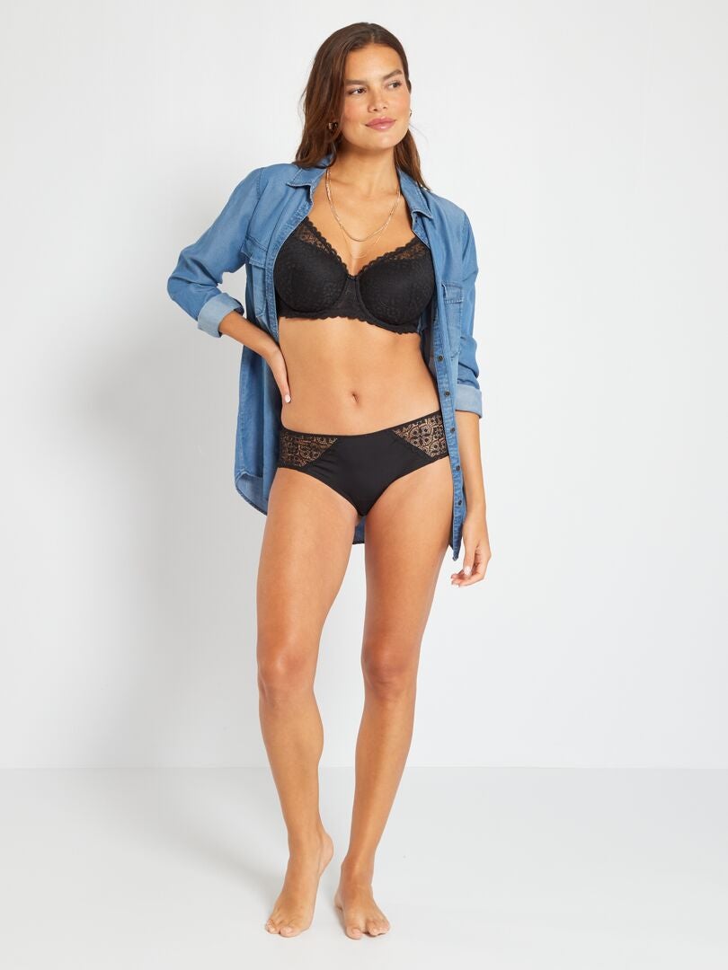 Culottes van microvezel en kant - Zwart