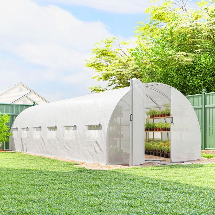 Invernadero tipo túnel Outsunny de 24 m² (295 x 798 x 199 cm) - con puertas y 12 ventanas con mosquiteras - Cubierta de PE de 140 g/m² - Blanco