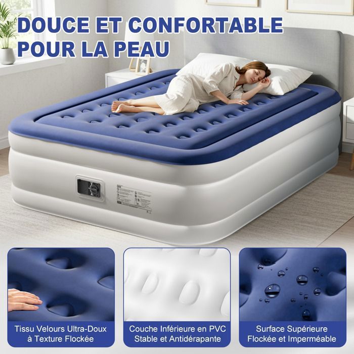 Materassino gonfiabile per 2 persone, con pompa elettrica integrata e superficie morbida floccata, ideale per campeggio, casa e ospiti, dimensioni 203 x 153 x 45 cm.
