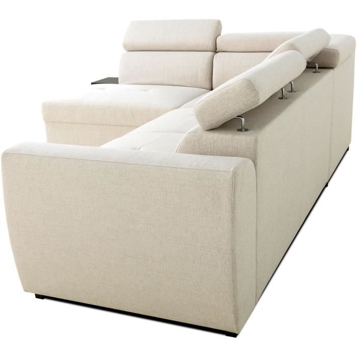 Sofá esquinero convertible reversible - 4/5 plazas - KELIO - Tela beige - 3 reposacabezas - 245 x 184 x 77/87 cm