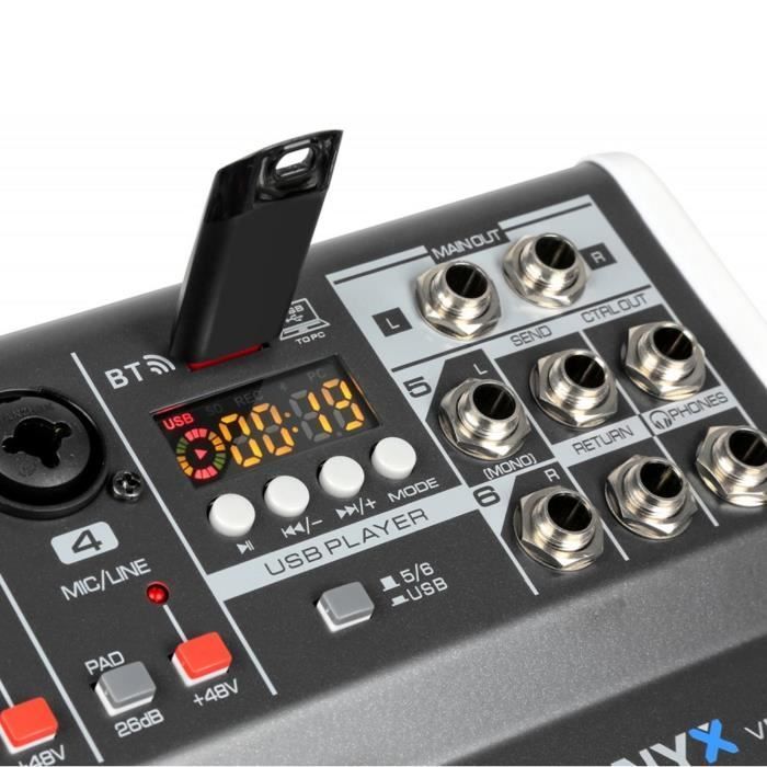 Vonyx VMM-K602 table de mixage - 6 canaux, technologie sans fil Bluetooth, USB, égaliseur, idéal pour des applications chants et DJ
