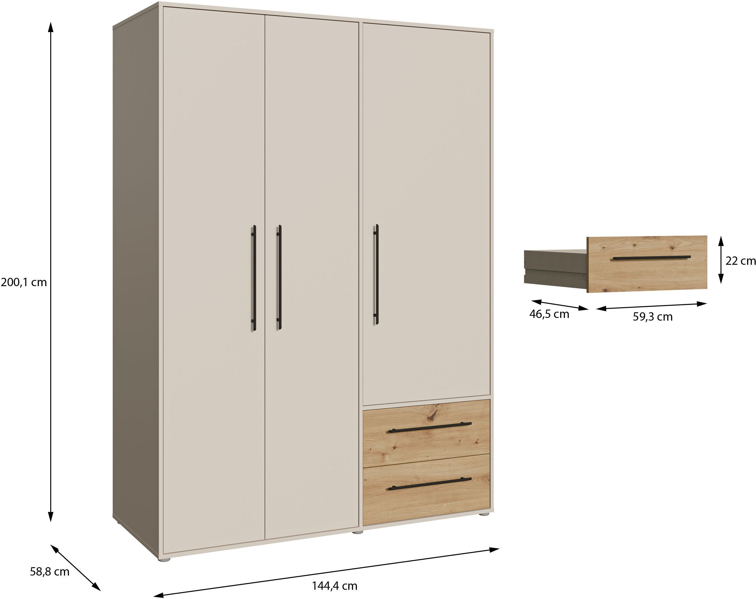 Armoire de chambre - Sable et Chêne - 3 portes battantes - L144,4 x P58,8 x H200,1 cm - MOKKARIS