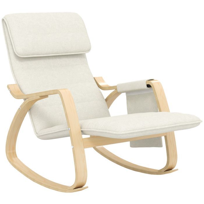 Sillón reclinable mecedor/silla de lactancia con reposapiés ajustable, bolsillo lateral y reposacabezas, color blanco crema.
