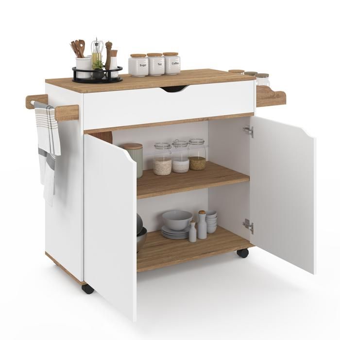 IDMARKET COSY XXL Kitchen Trolley with White Drawer and Beech-Effect Shelves, 90 cm Wide