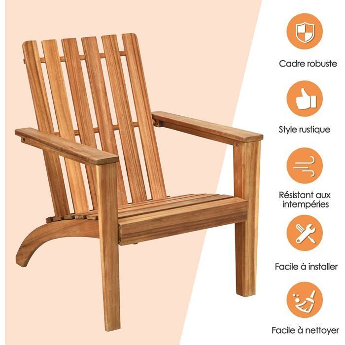 Sedia da giardino COSTWAY in legno di acacia, design Adirondack, resistente alle intemperie, portata massima 160 kg, per patio, balcone, colore naturale.