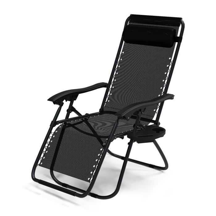 Tumbona reclinable plegable VOUNOT® de Textilene con portavasos - Carga máxima 120 kg - Negra